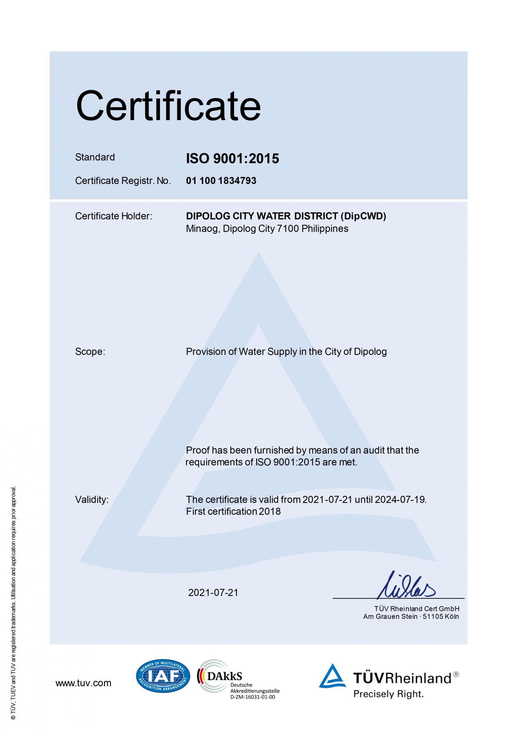 ISO 9001 Certificate of Dipolog City Water District